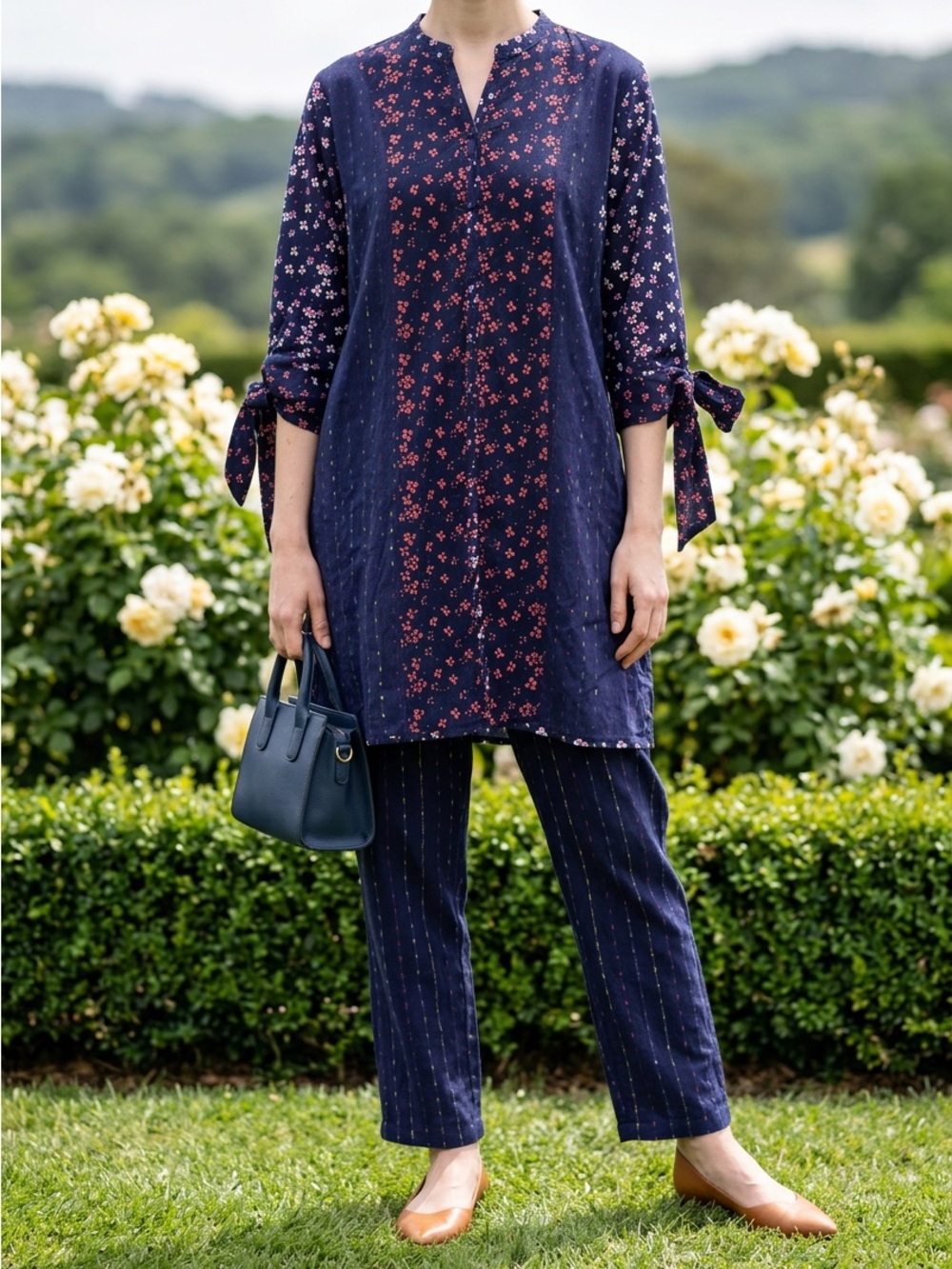 Women's Navy Floral  Kantha dress size xl 100% cotton